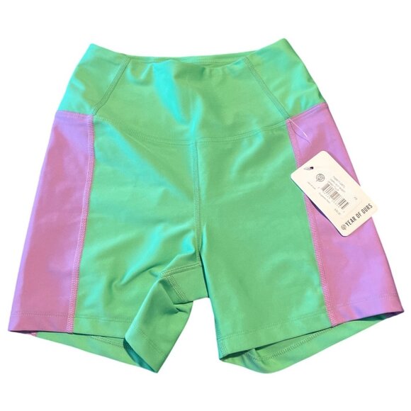 Year Of Ours XS Workout Shorts Green Tulip Purple Panels High Waist Stretch Acti - Picture 1 of 8
